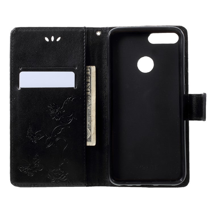 Imprint Butterfly Flower Wallet Stand Leather Case for Huawei P Smart / Enjoy 7S - Black