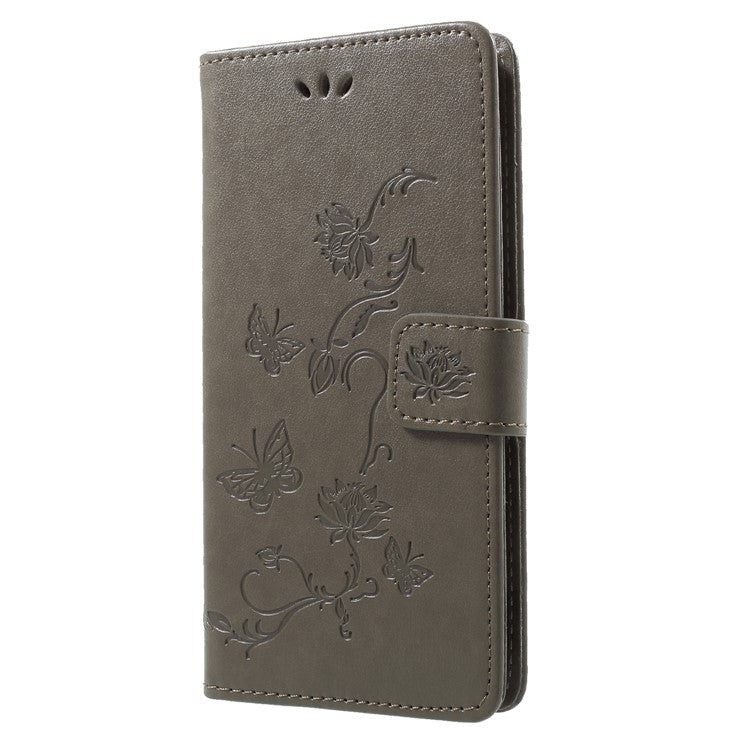 Imprint Butterfly Flower Wallet Stand Leather Cover for Huawei P Smart / Enjoy 7S - Grey