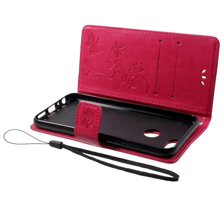 Imprint Butterfly Flower Wallet Stand Leather Shell for Huawei P Smart / Enjoy 7S - Rose