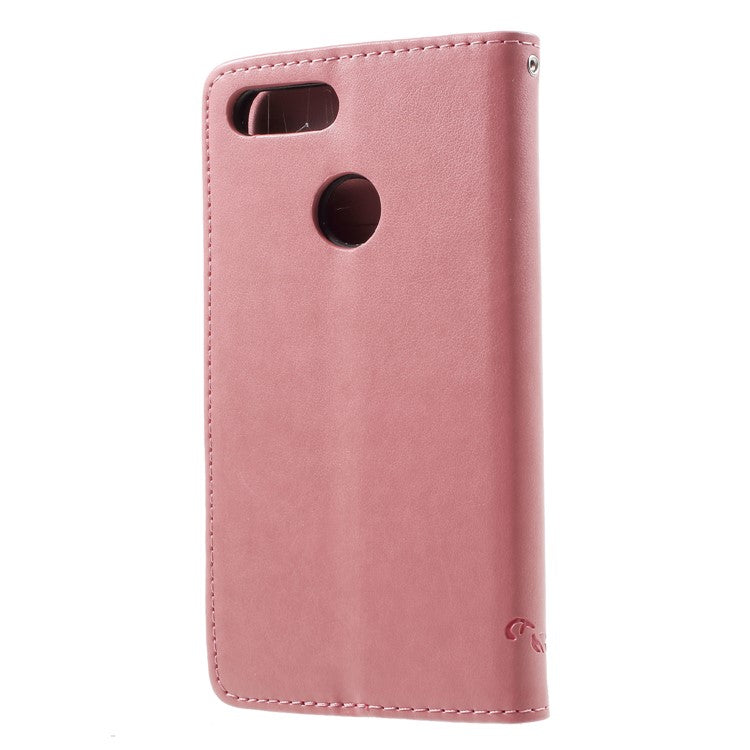 Imprint Butterfly Flower Wallet Stand Leather Phone Case for Huawei P Smart / Enjoy 7S - Pink