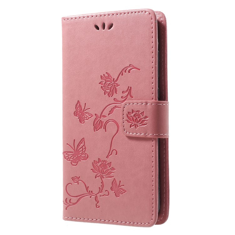 Imprint Butterfly Flower Wallet Stand Leather Phone Case for Huawei P Smart / Enjoy 7S - Pink