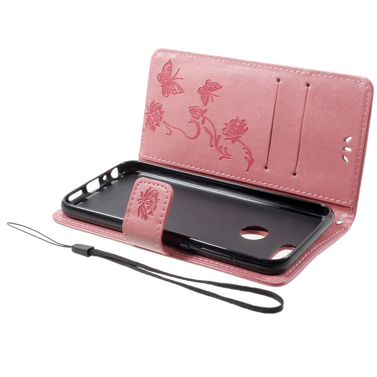 Imprint Butterfly Flower Wallet Stand Leather Phone Case for Huawei P Smart / Enjoy 7S - Pink