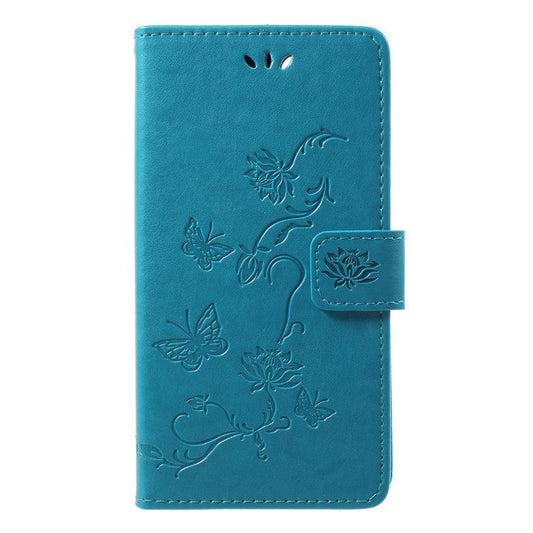 Imprint Butterfly Flower Wallet Stand Leather Phone Cover for Huawei P Smart / Enjoy 7S - Blue