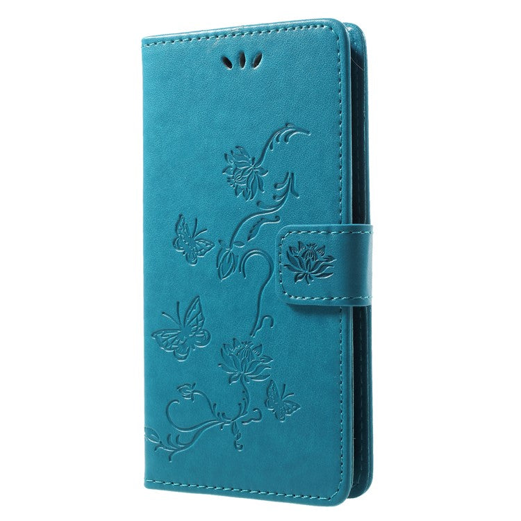 Imprint Butterfly Flower Wallet Stand Leather Phone Cover for Huawei P Smart / Enjoy 7S - Blue