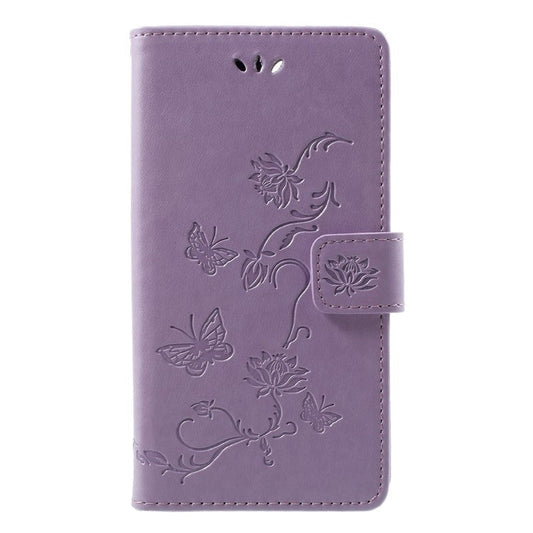 Imprint Butterfly Flower Wallet Stand Leather Protector Case for Huawei P Smart / Enjoy 7S - Light Purple