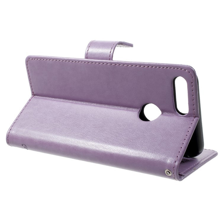 Imprint Butterfly Flower Wallet Stand Leather Protector Case for Huawei P Smart / Enjoy 7S - Light Purple