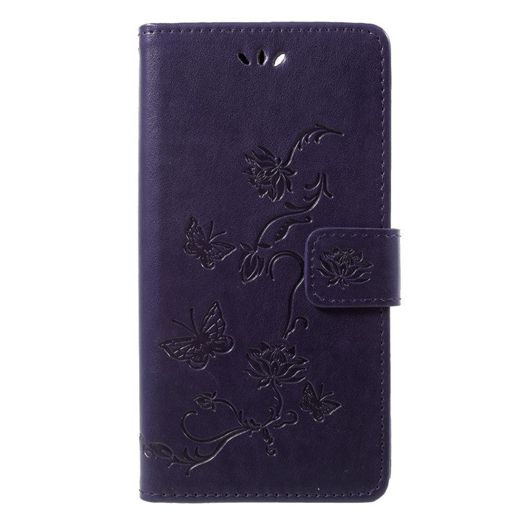 Imprint Butterfly Flower Wallet Stand Leather Case Accessory for Huawei P Smart / Enjoy 7S - Dark Purple