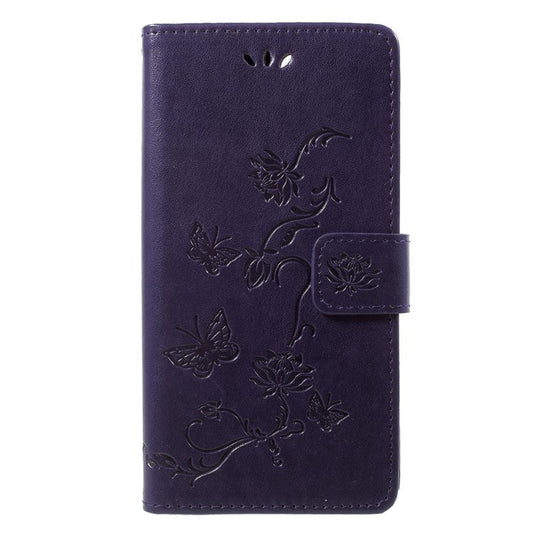 Imprint Butterfly Flower Wallet Stand Leather Case Accessory for Huawei P Smart / Enjoy 7S - Dark Purple