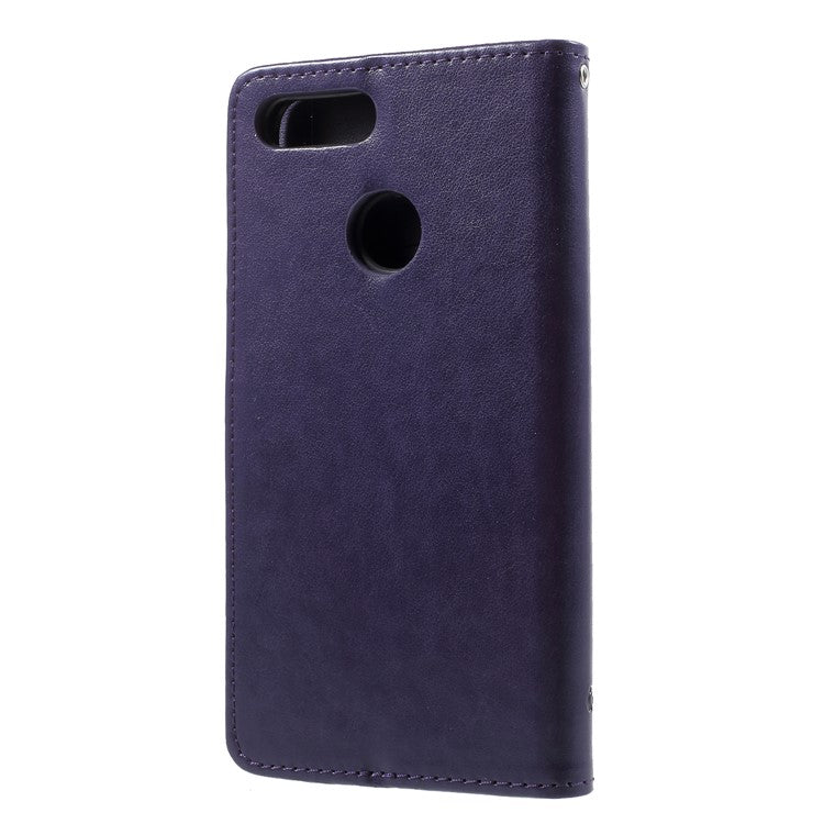 Imprint Butterfly Flower Wallet Stand Leather Case Accessory for Huawei P Smart / Enjoy 7S - Dark Purple