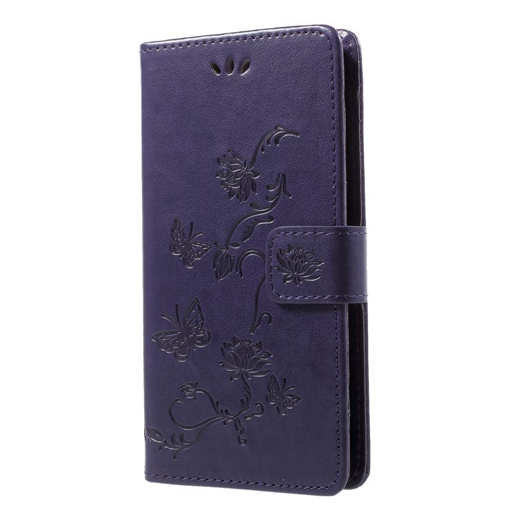 Imprint Butterfly Flower Wallet Stand Leather Case Accessory for Huawei P Smart / Enjoy 7S - Dark Purple