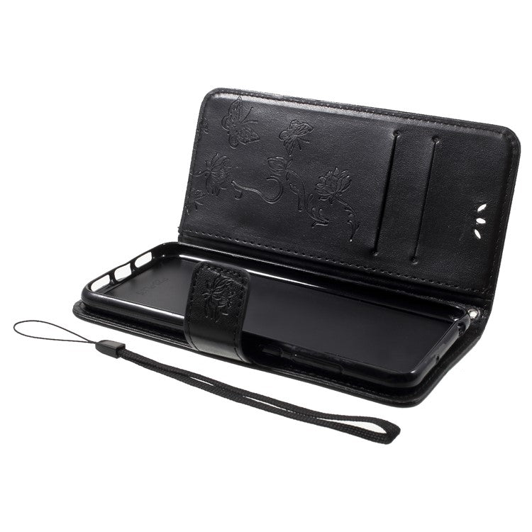 Imprint Butterfly Flower Wallet Stand Leather Case for Huawei P20 - Black