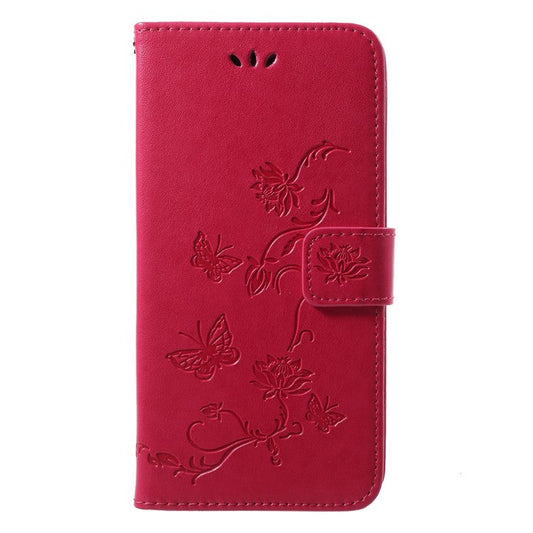 Imprint Butterfly Flower Wallet Stand Leather Shell for Huawei P20 - Rose