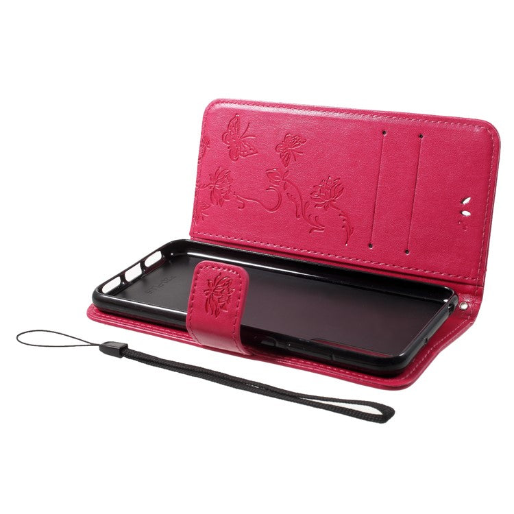 Imprint Butterfly Flower Wallet Stand Leather Shell for Huawei P20 - Rose
