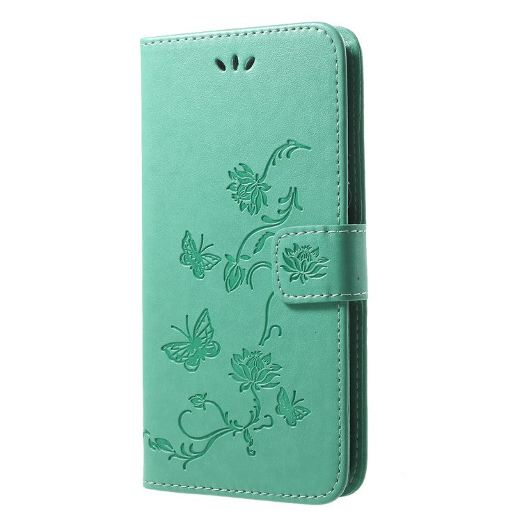 Imprint Butterfly Flower Wallet Stand Leather Phone Cover for Huawei P20 - Green