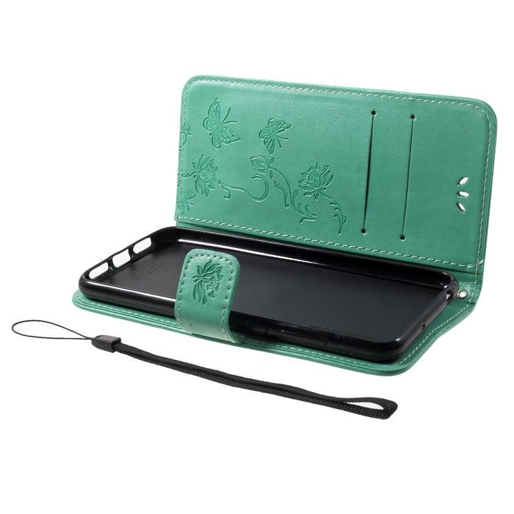 Imprint Butterfly Flower Wallet Stand Leather Phone Cover for Huawei P20 - Green