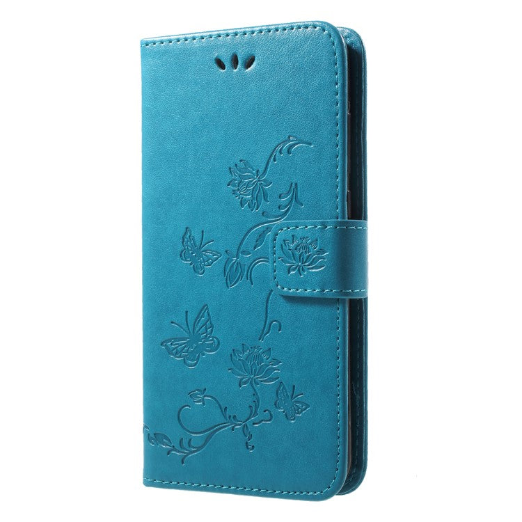 Imprint Butterfly Flower Wallet Stand Leather Mobile Case for Huawei P20 - Blue