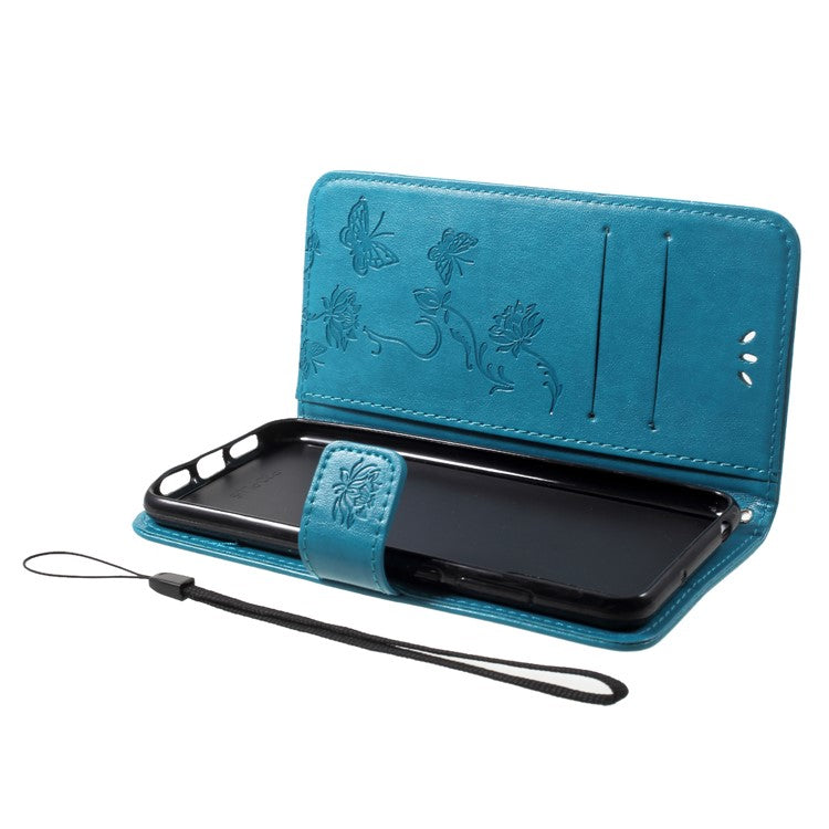 Imprint Butterfly Flower Wallet Stand Leather Mobile Case for Huawei P20 - Blue