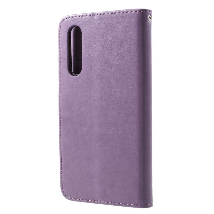 Imprint Butterfly Flower Wallet Stand Leather Mobile Cover for Huawei P20 - Light Purple