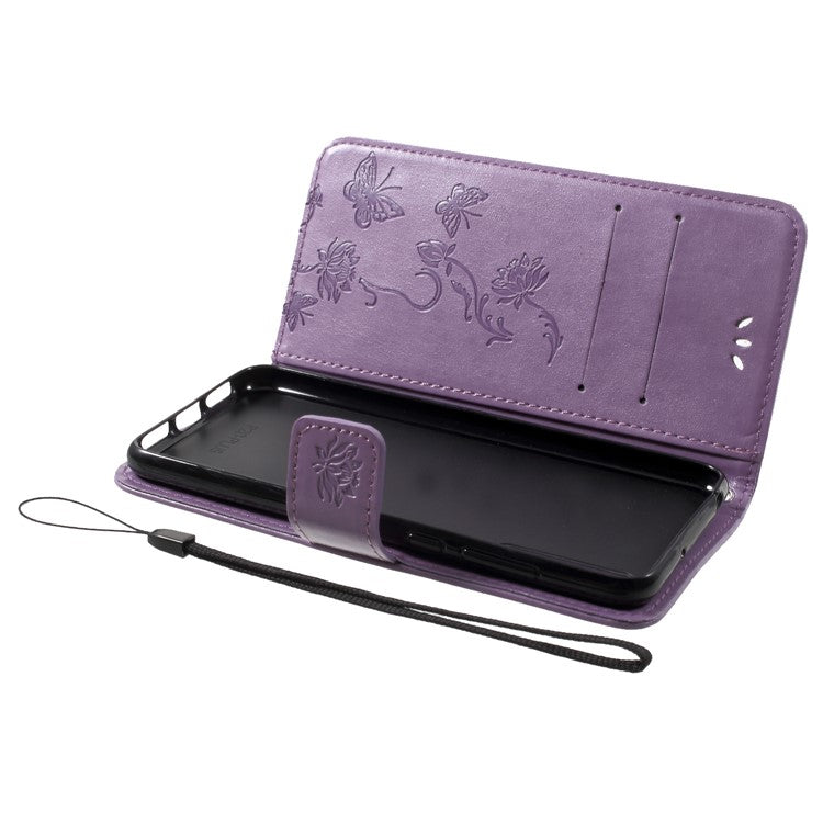 Imprint Butterfly Flower Wallet Stand Leather Mobile Cover for Huawei P20 - Light Purple