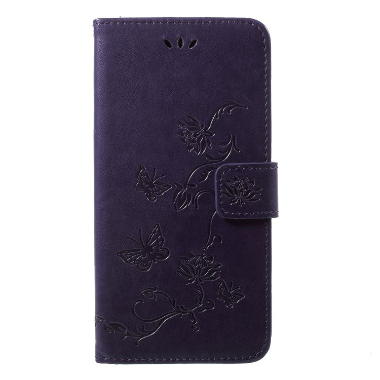 Imprint Butterfly Flower Wallet Stand Leather Mobile Casing for Huawei P20 - Dark Purple