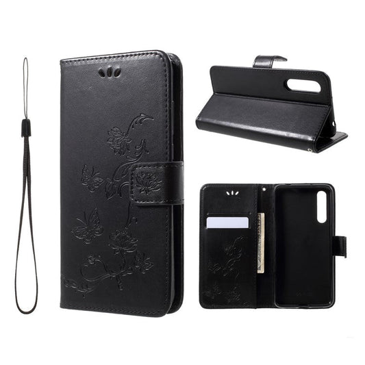 Imprint Butterfly Flower Wallet Stand Leather Case for Huawei P20 Pro - Black