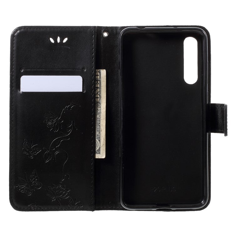 Imprint Butterfly Flower Wallet Stand Leather Case for Huawei P20 Pro - Black