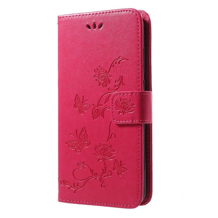 Imprint Butterfly Flower Wallet Stand Leather Shell for Huawei P20 Pro - Rose