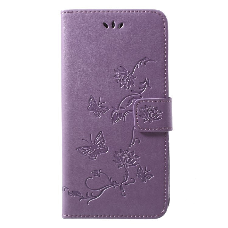 Imprint Butterfly Flower Wallet Stand Leather Cover Protector for Huawei P20 Pro - Light Purple