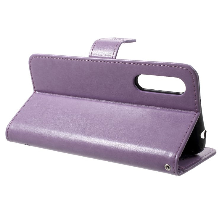 Imprint Butterfly Flower Wallet Stand Leather Cover Protector for Huawei P20 Pro - Light Purple