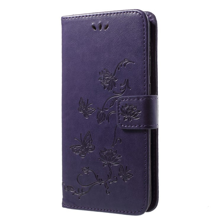 Imprint Butterfly Flower Wallet Stand Leather Mobile Casing for Huawei P20 Pro - Dark Purple