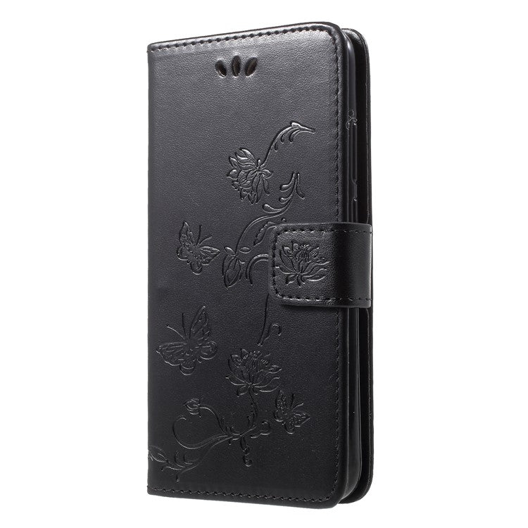 Imprint Butterfly Flower Wallet Leather Cover for Huawei P20 Lite / Nova 3e - Black