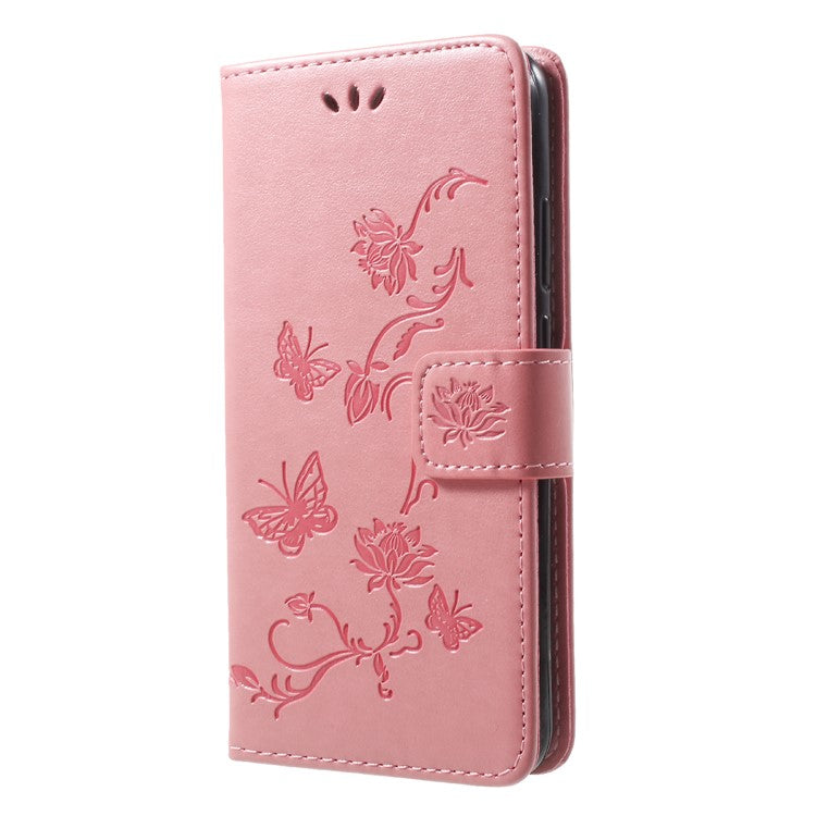Imprint Butterfly Flower Folio Flip PU Leather Wallet Phone Case for Huawei P20 Lite / Nova 3e - Pink