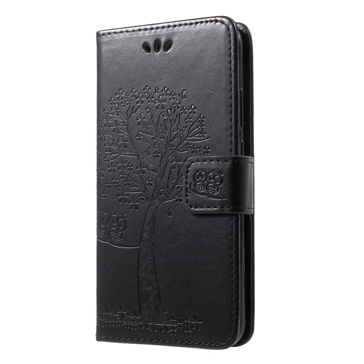 Imprint Tree Owl Pattern Wallet Stand Leather Cover for Huawei P20 Lite / Nova 3e - Black