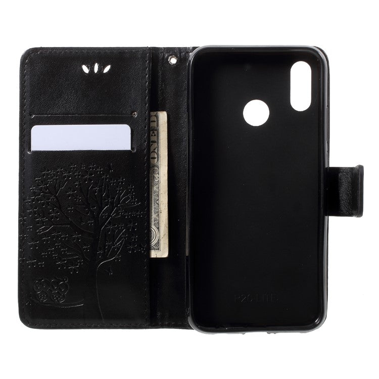 Imprint Tree Owl Pattern Wallet Stand Leather Cover for Huawei P20 Lite / Nova 3e - Black