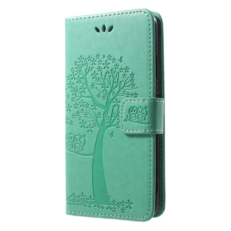 Imprint Tree Owl Pattern PU Leather Wallet Stand Phone Case for Huawei P20 Lite / Nova 3e - Cyan