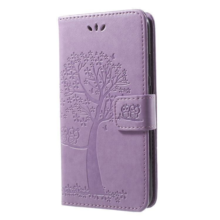 Imprint Tree Owl Pattern PU Leather Wallet Stand Phone Shell for Huawei P20 Lite / Nova 3e - Light Purple