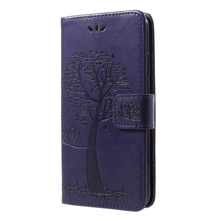 Imprint Tree Owl Pattern Wallet Stand Leather Mobile Casing for Huawei P20 Lite / Nova 3e - Dark Purple