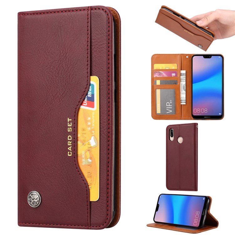 Auto-absorbed Leather Stand Protective Cover for Huawei P20 Lite / Nova 3e - Wine Red