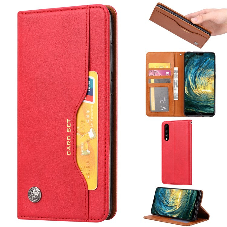 Auto-absorbed Leather Wallet Stand Phone Cover for Huawei P20 - Red