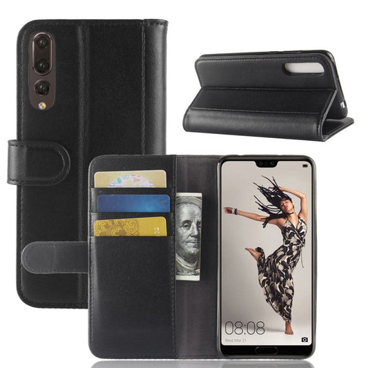 Split Leather Wallet Stand Phone Cover for Huawei P20 Pro Simple Stitching Design - Black
