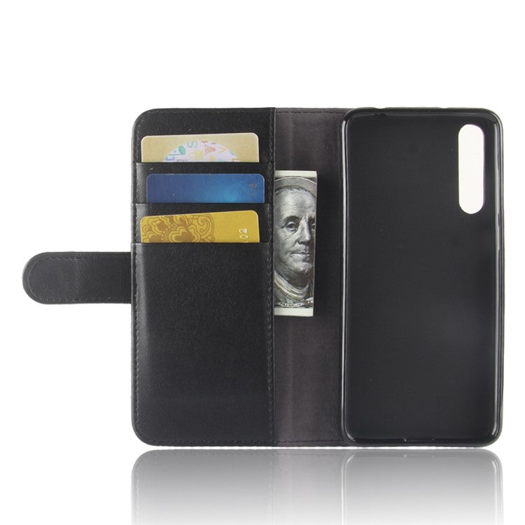 Split Leather Wallet Stand Phone Cover for Huawei P20 Pro Simple Stitching Design - Black