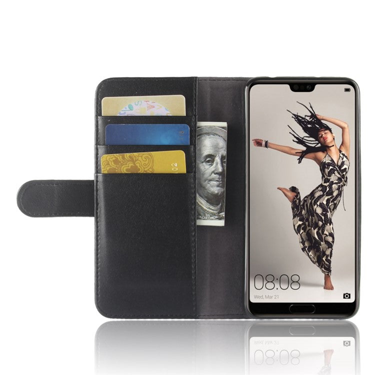 Split Leather Wallet Stand Phone Cover for Huawei P20 Pro Simple Stitching Design - Black