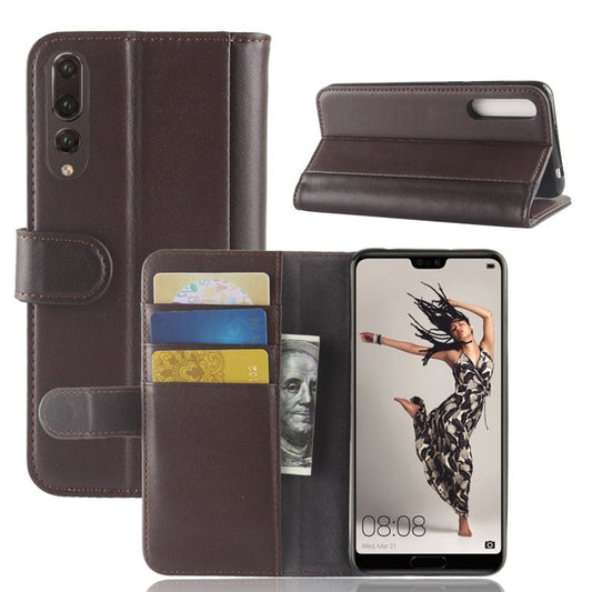 Split Leather Wallet Stand Phone Cover for Huawei P20 Pro Simple Stitching Design - Brown
