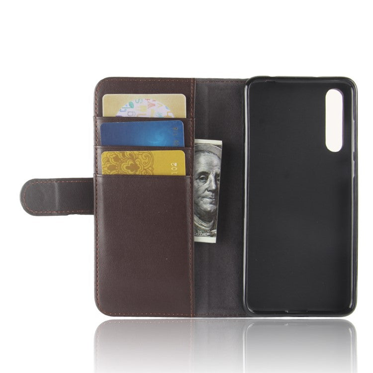 Split Leather Wallet Stand Phone Cover for Huawei P20 Pro Simple Stitching Design - Brown