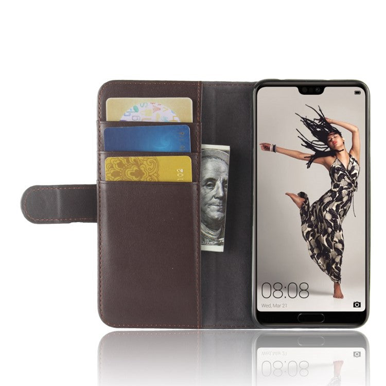 Split Leather Wallet Stand Phone Cover for Huawei P20 Pro Simple Stitching Design - Brown