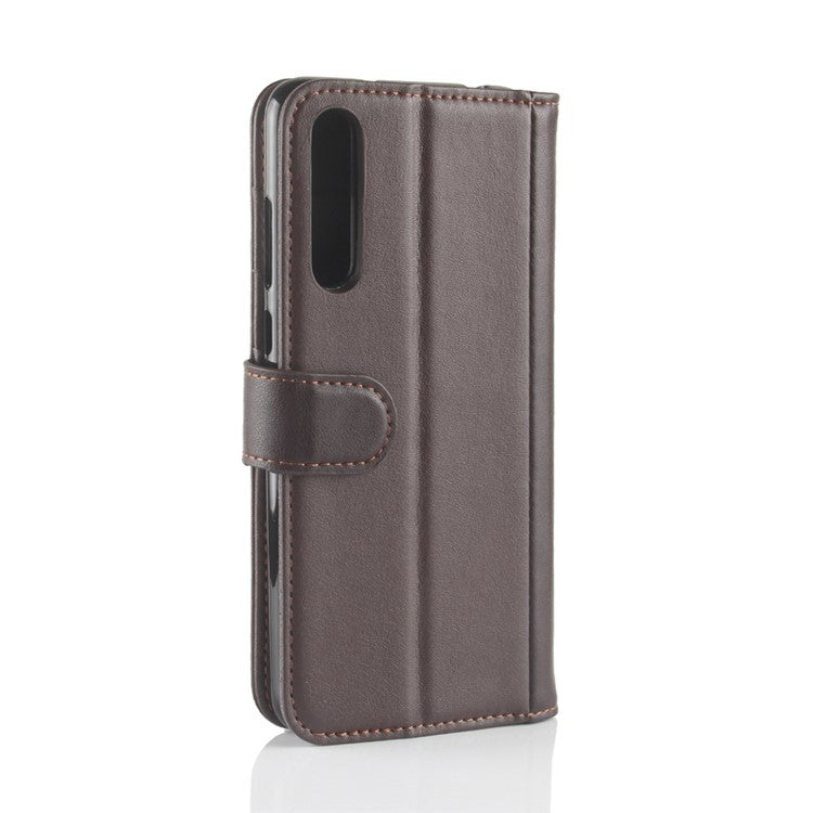 Split Leather Wallet Stand Phone Cover for Huawei P20 Pro Simple Stitching Design - Brown