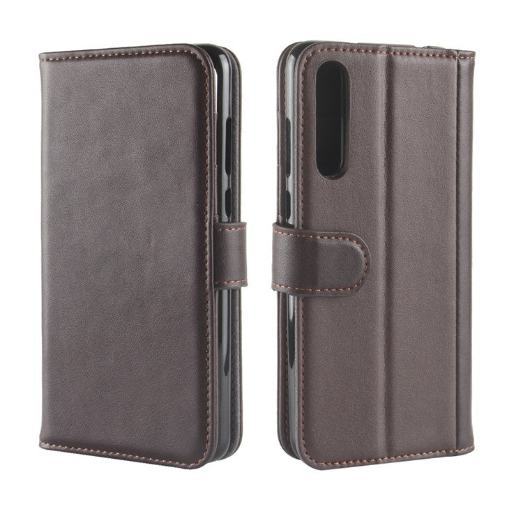 Split Leather Wallet Stand Phone Cover for Huawei P20 Pro Simple Stitching Design - Brown