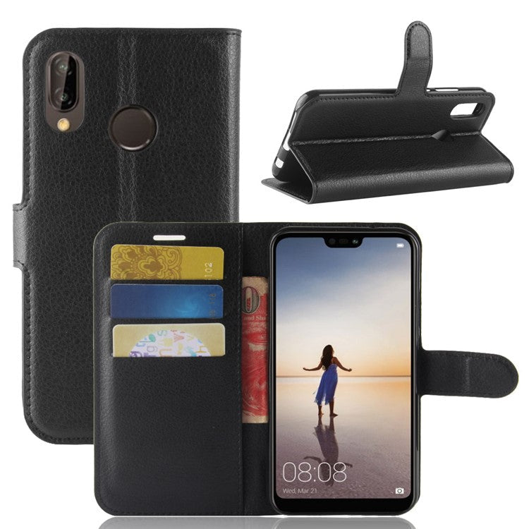 Litchi Texture Wallet Stand Leather Phone Accessory Case for Huawei P20 Lite / Nova 3e - Black