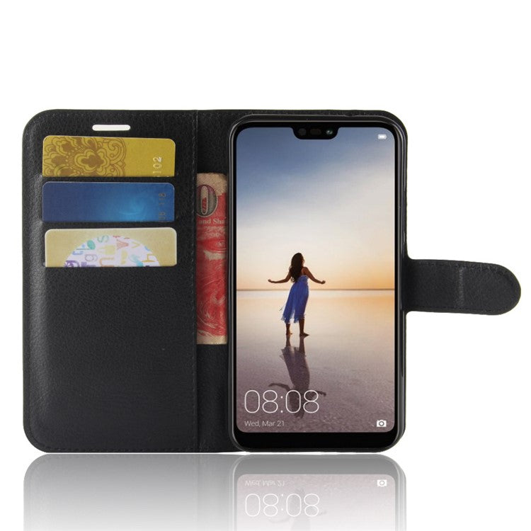 Litchi Texture Wallet Stand Leather Phone Accessory Case for Huawei P20 Lite / Nova 3e - Black