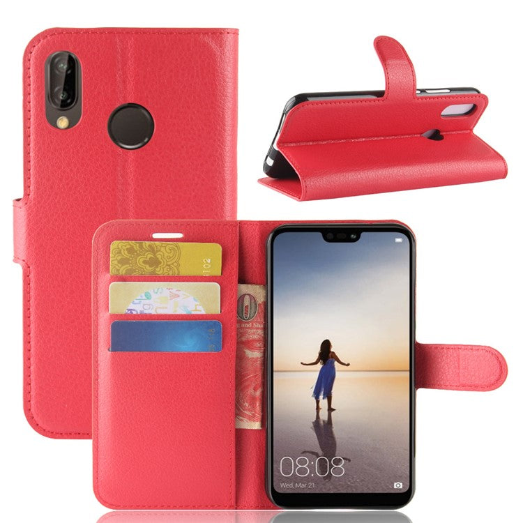 Litchi Texture Wallet Stand Leather Phone Accessory Case for Huawei P20 Lite / Nova 3e - Red